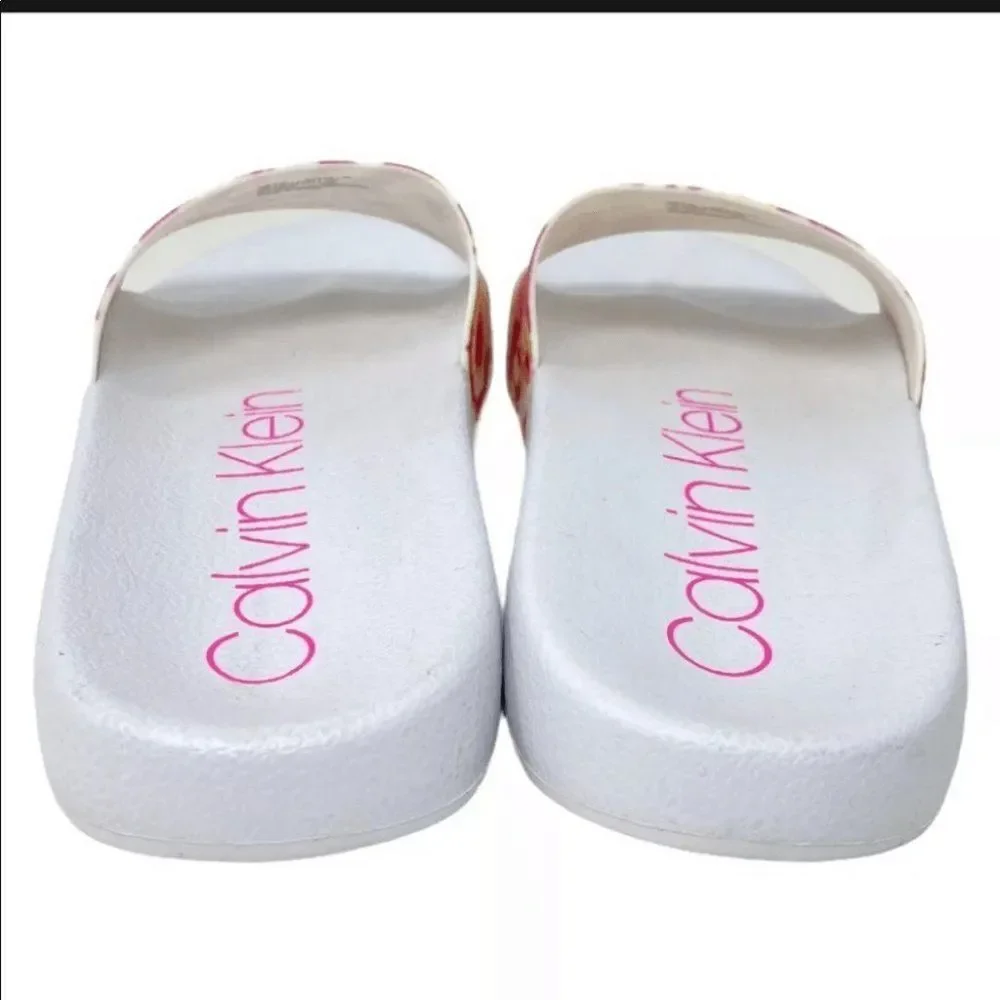 Calvin Klein‎ Tie Dye Logo Slide Sandals Womens 7 White Pink Pool Beach Summer